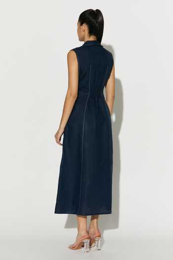 Shop_Koai_Blue Linen V-neck, Collared Midi Dress _at_Aza_Fashions