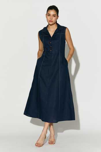 Buy_Koai_Blue Linen V-neck, Collared Midi Dress _at_Aza_Fashions
