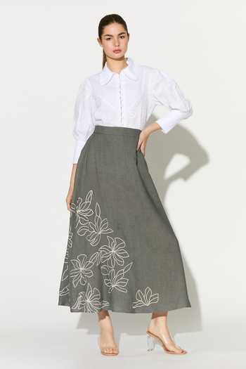 Shop_Koai_Grey Linen Embroidered Skirt _at_Aza_Fashions