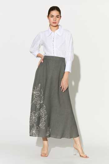 Buy_Koai_Grey Linen Embroidered Skirt _at_Aza_Fashions