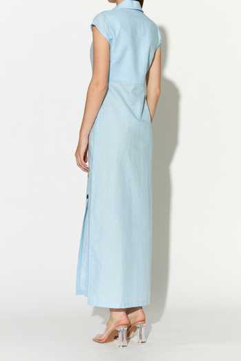 Shop_Koai_Blue Linen V-neck, Collared Maxi Dress _at_Aza_Fashions