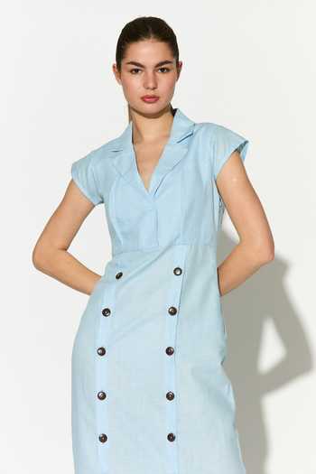 Buy_Koai_Blue Linen V-neck, Collared Maxi Dress _at_Aza_Fashions