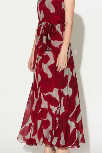 Koai_Beige Chiffon V-neck Floral Maxi Dress _at_Aza_Fashions
