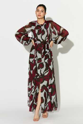 Buy_Koai_Beige Chiffon Round Neck Floral Print Maxi Dress _at_Aza_Fashions