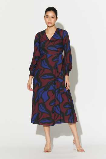 Buy_Koai_Blue Silk, Cotton, Muslin V-neck Abstract Print Dress _at_Aza_Fashions