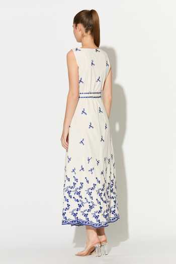 Shop_Koai_Blue Cotton, Poplin Scoop Neck Floral Embroidered Dress _at_Aza_Fashions