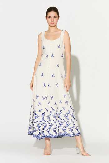 Buy_Koai_Blue Cotton, Poplin Scoop Neck Floral Embroidered Dress _at_Aza_Fashions