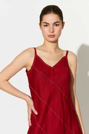 Buy_Koai_Red Linen Cowl Neck Spaghetti Strap Dress 
