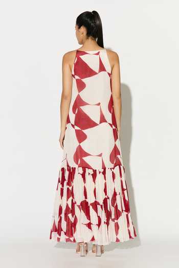 Shop_Koai_White Chiffon Scoop Neck Abstract Print Dress _at_Aza_Fashions