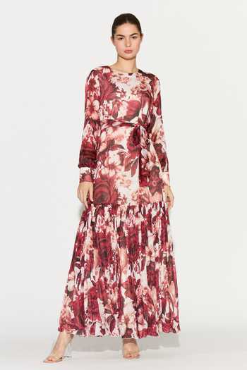 Shop_Koai_White Chiffon Round Neck Floral Print Maxi Dress 
