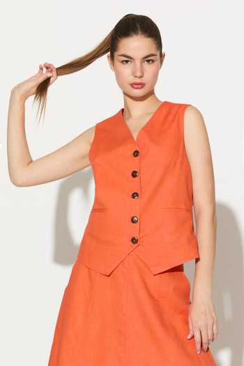 Buy_Koai_Orange Linen V-neck Sleeveless Waistcoat _at_Aza_Fashions