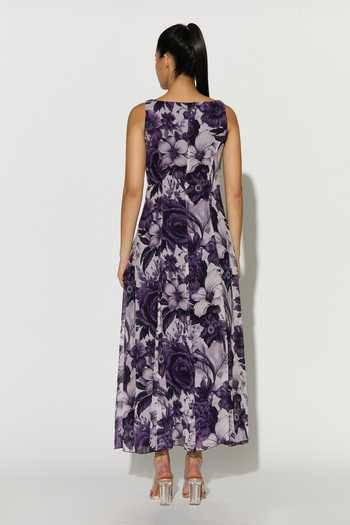Shop_Koai_White Georgette Square Neck Purple Floral Print Dress _at_Aza_Fashions