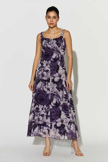 Buy_Koai_White Georgette Square Neck Purple Floral Print Dress _at_Aza_Fashions