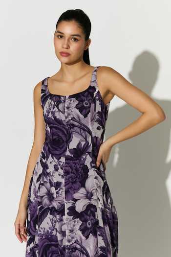 Buy_Koai_White Georgette Square Neck Purple Floral Print Dress _Online_at_Aza_Fashions