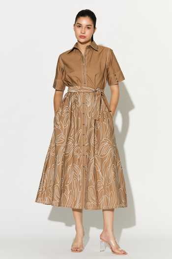 Buy_Koai_Brown Cotton, Poplin Collared Abstract Embroidered Dress _at_Aza_Fashions