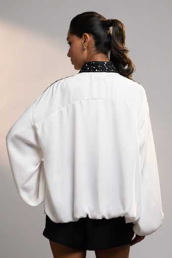 Shop_Style Junkiie_White Georgette Mandarin Collar Summer Ivory Essential Zipper Shacket _at_Aza_Fashions