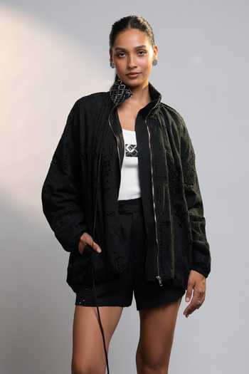 Buy_Style Junkiie_Black Collared After Dark Mirror Work Shacket _at_Aza_Fashions