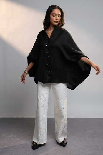 Style Junkiie_Black Linen Mandarin Collar After Dark 12-12 Shirt _Online_at_Aza_Fashions