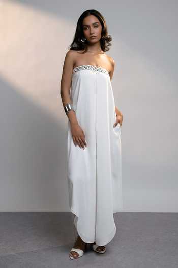 Buy_Style Junkiie_White Georgette Bandeau Neck Summer Mirror Work Strapless Maxi Dress _at_Aza_Fashions