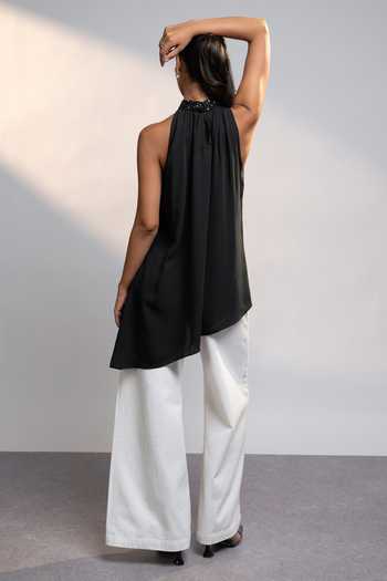 Shop_Style Junkiie_Black Georgette Halter Neck After Dark Asymmetric Top _at_Aza_Fashions