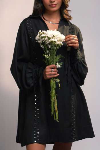 Style Junkiie_Black Linen V-neck, Collared After Dark Dress _at_Aza_Fashions