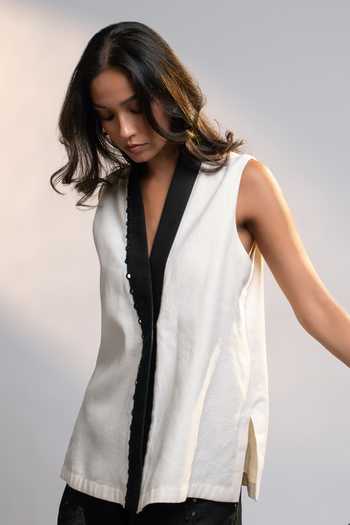 Buy_Style Junkiie_White Linen Shawl Neck Summer Power Vest Top _at_Aza_Fashions