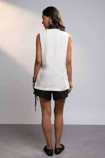 Shop_Style Junkiie_White Linen Shawl Neck Summer Power Vest Top _at_Aza_Fashions