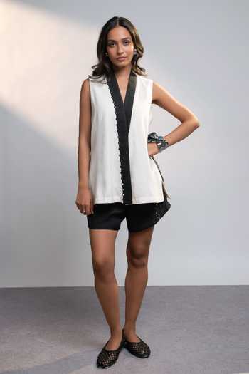 Buy_Style Junkiie_White Linen Shawl Neck Summer Power Vest Top _Online_at_Aza_Fashions