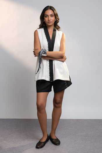 Shop_Style Junkiie_White Linen Shawl Neck Summer Power Vest Top _Online_at_Aza_Fashions