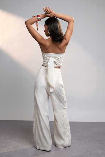 Shop_Style Junkiie_White Linen Bandeau Neck Summer Cutwork Schiffli Scarf Top _at_Aza_Fashions