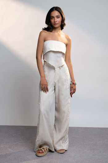 Style Junkiie_White Linen Bandeau Neck Summer Cutwork Schiffli Scarf Top _at_Aza_Fashions