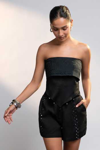 Buy_Style Junkiie_Black Linen Bandeau Neck After Dark Cutwork Schiffli Scarf Top _at_Aza_Fashions