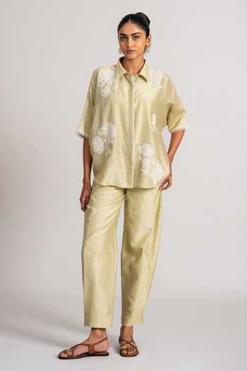 Buy_Namrata Joshipura_Mint Chanderi Silk Collared Shirt And Pant Set _at_Aza_Fashions