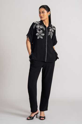 Buy_Namrata Joshipura_Black Georgette, Twill Collared Placed Floral Pattern Shirt And Pant Set _Online_at_Aza_Fashions