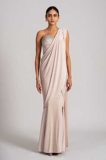 Shop_Namrata Joshipura_Gold Jersey Crystals Bandeau Neck Pre-draped Saree And Embellished Corset Set _at_Aza_Fashions