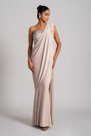 Buy_Namrata Joshipura_Gold Jersey Crystals Bandeau Neck Pre-draped Saree And Embellished Corset Set _at_Aza_Fashions