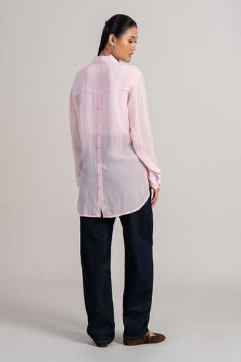Shop_Namrata Joshipura_Pink Georgette Collared Floral Applique Shirt _at_Aza_Fashions