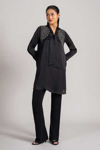 Namrata Joshipura_Black Satin V-neck Placed Floral Pattern Tunic _Online_at_Aza_Fashions