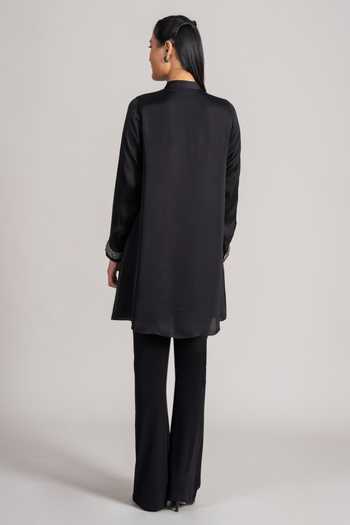 Shop_Namrata Joshipura_Black Satin V-neck Placed Floral Pattern Tunic _at_Aza_Fashions