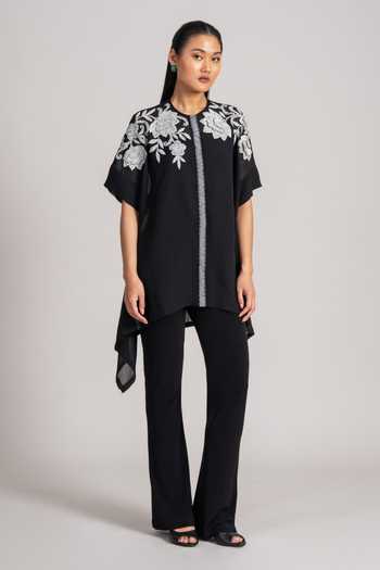 Namrata Joshipura_Black Georgette Round Neck Asymmetrical Embroidered Tunic _Online_at_Aza_Fashions