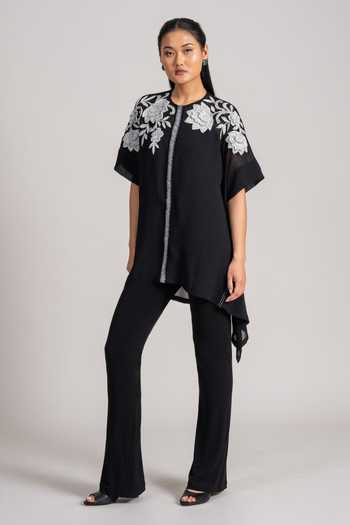 Shop_Namrata Joshipura_Black Georgette Round Neck Asymmetrical Embroidered Tunic _at_Aza_Fashions