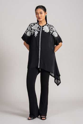 Shop_Namrata Joshipura_Black Georgette Round Neck Asymmetrical Embroidered Tunic _Online_at_Aza_Fashions