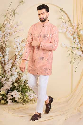 Kasbah_Peach Silk Mirror Work Embroidered Kurta _Online_at_Aza_Fashions
