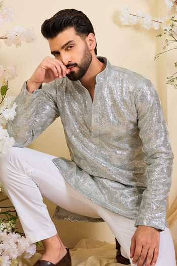 Kasbah_Silver Georgette Sequin Short Kurta _Online_at_Aza_Fashions