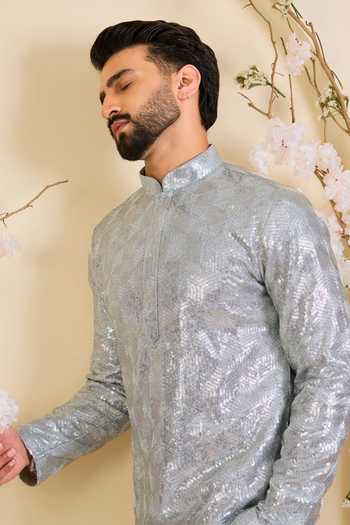 Buy_Kasbah_Silver Georgette Sequin Short Kurta _Online_at_Aza_Fashions