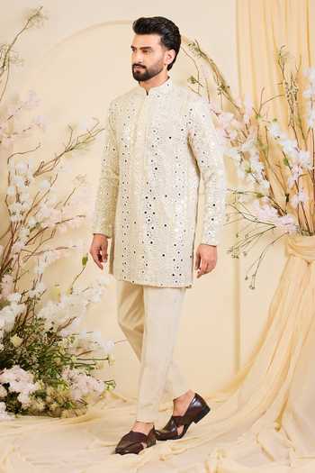 Buy_Kasbah_Gold Tissue Mirror Work Kurta _Online_at_Aza_Fashions