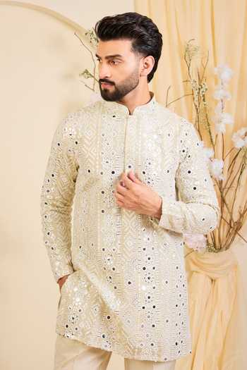 Buy_Kasbah_Gold Tissue Mirror Work Kurta _at_Aza_Fashions