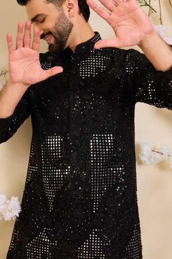 Buy_Kasbah_Black Net Sequin Mirrorwork Kurta  _Online_at_Aza_Fashions
