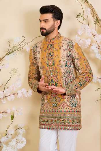 Buy_Kasbah_Yellow Crepe Floral Print Kurta _at_Aza_Fashions