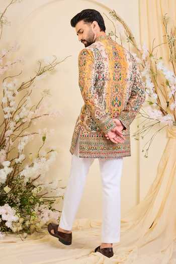 Shop_Kasbah_Yellow Crepe Floral Print Kurta _at_Aza_Fashions